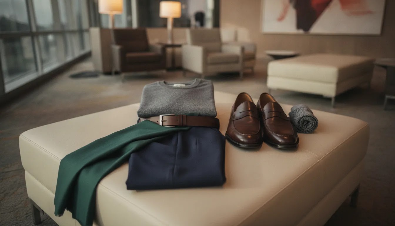 Business class dress code visualized with a polished and comfortable travel outfit flat lay for premium flights