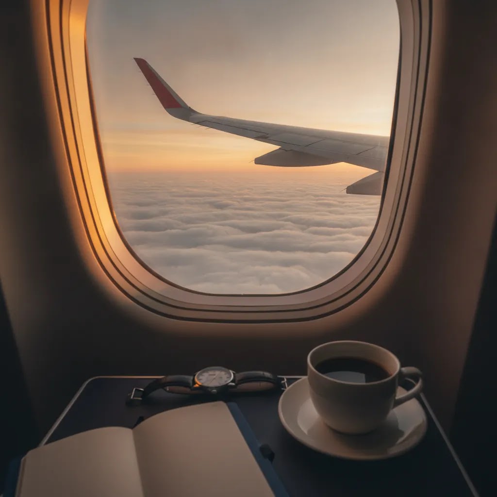 Discount business class to Europe and business class error fares Europe concept with aircraft wing view at sunrise