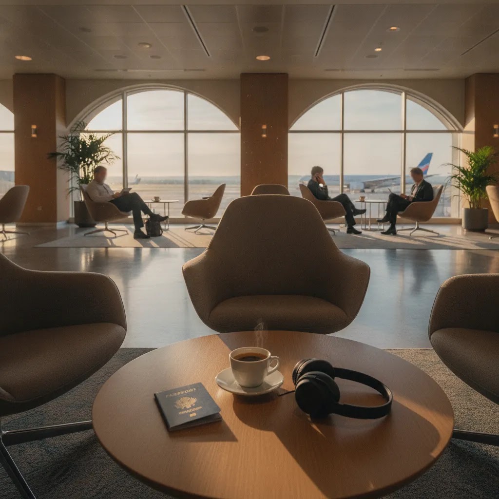 Best business class flights to Europe from USA shown with a premium airport lounge before departure