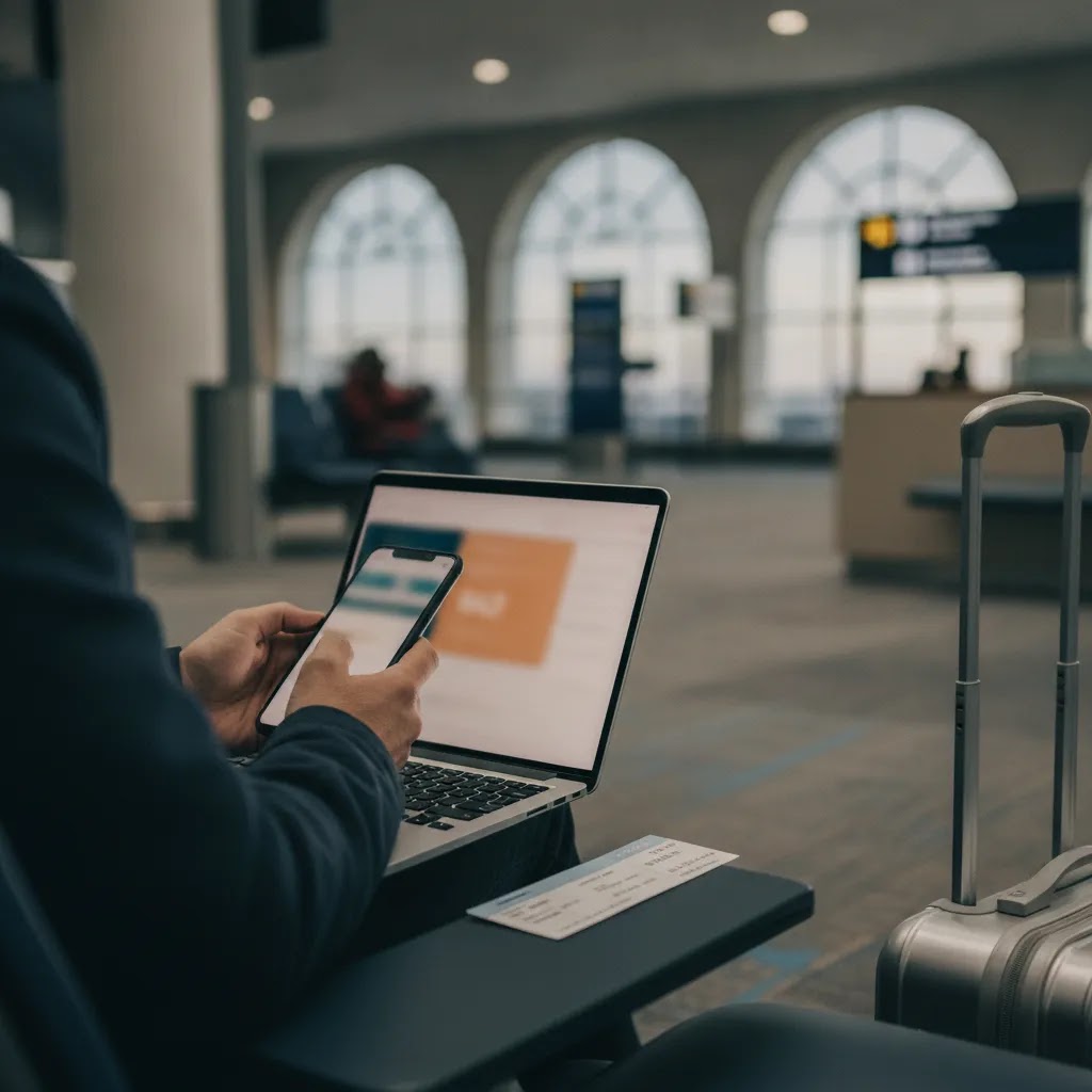 Discount business class to Europe booking moment in airport with traveler checking fare alert