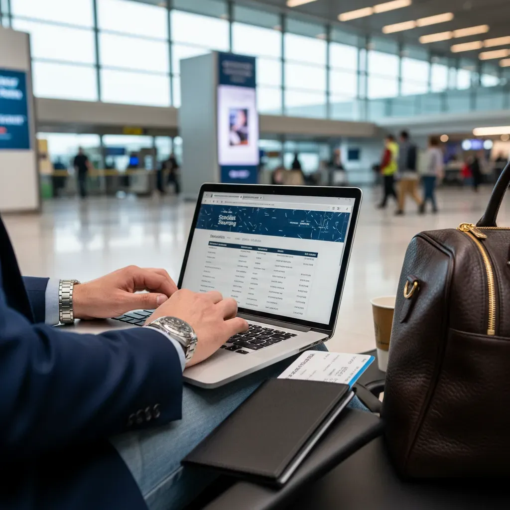 Discounted business class fares research on a laptop in a modern airport terminal