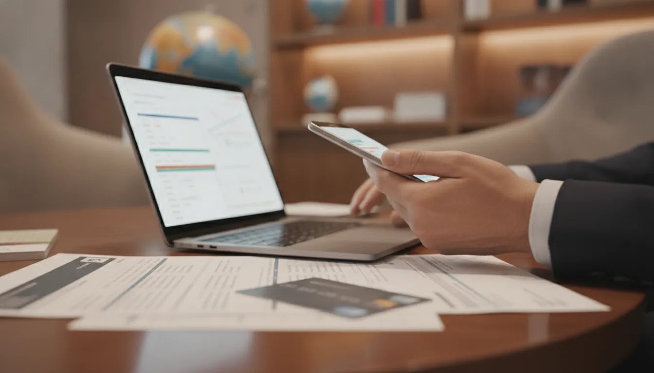 Business class flight agency booking consultation with itinerary comparison and premium travel planning