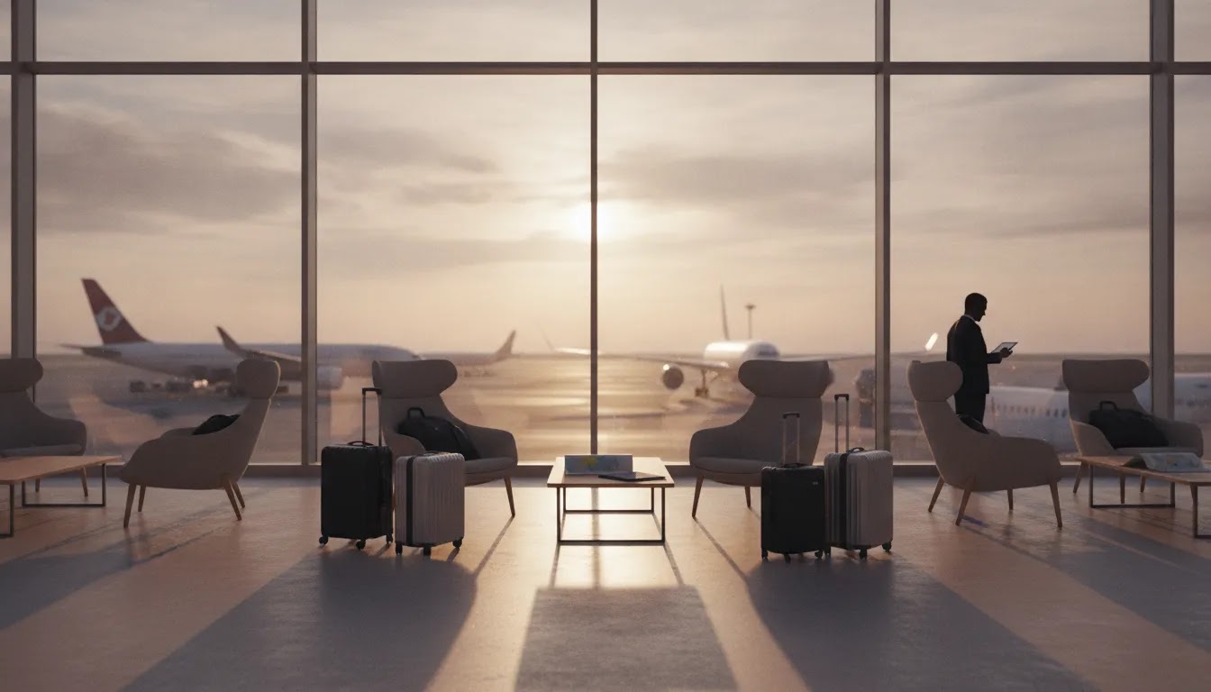 How much does business class cost illustration with airport gate view and aircraft silhouettes at sunset