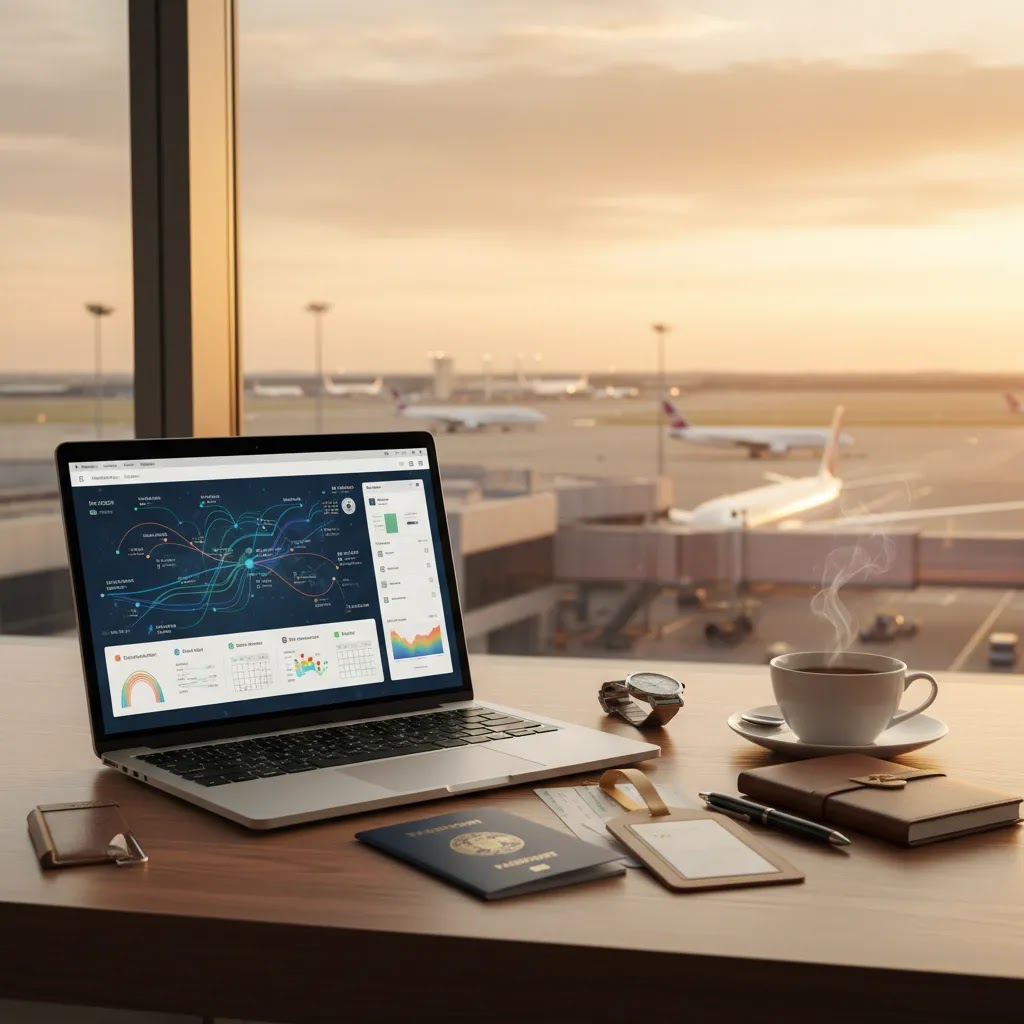 Business class flight London to Sydney planning scene with premium booking and travel essentials