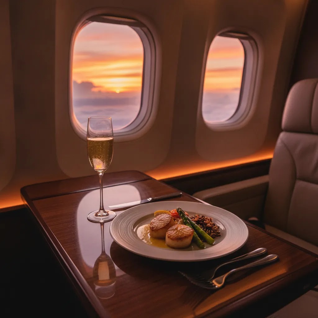 Business class flight Miami to Spain premium meal and window detail inside a realistic long haul cabin