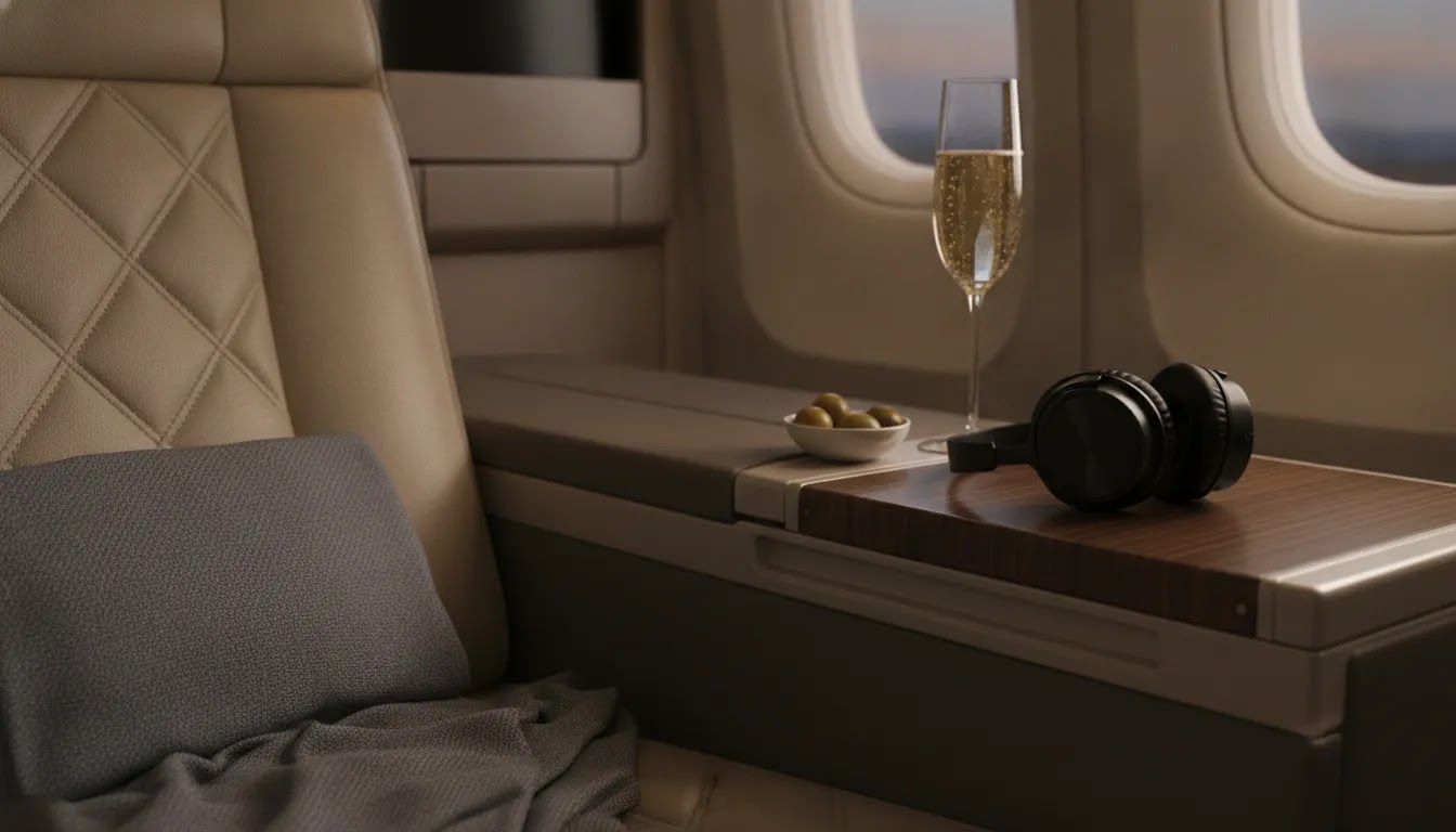 Business class flight offers detail image showing premium cabin amenities and seat quality