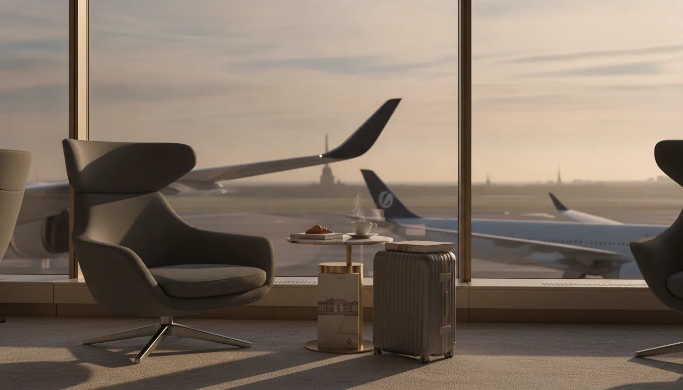 Business class flight offers to Paris represented by a premium airport departure scene