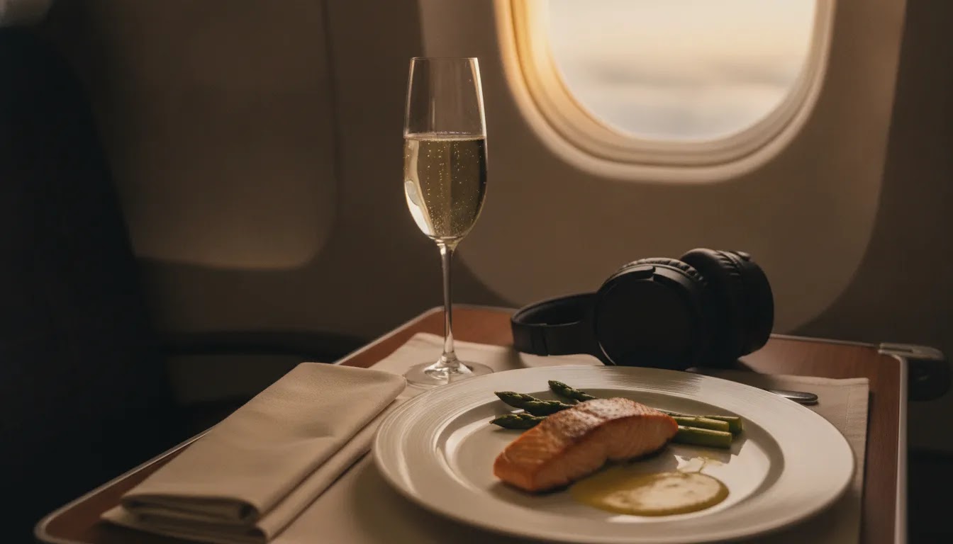 Premium onboard detail illustrating business class flight sale fare quality with meal and tray table setup