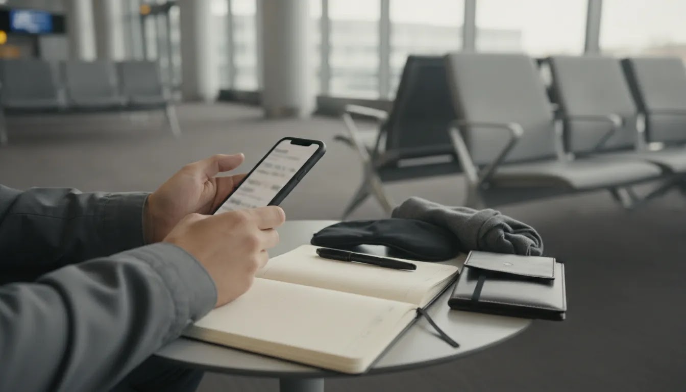 Setting smart alerts for a business class flight sale on a smartphone in an airport terminal