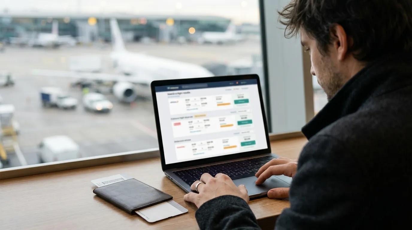 Traveler using a business class flight search engine to compare the best websites for business class flight deals.