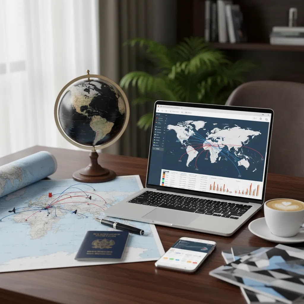Travel planning scene showing business class flight to Australia price research and booking strategy