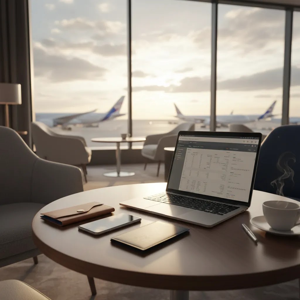Business class flight to China planning scene in premium airport lounge with travel documents and aircraft view