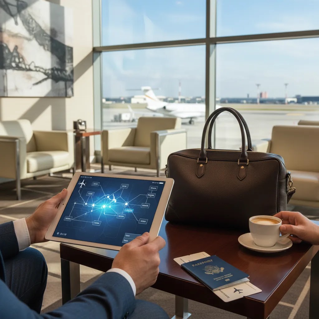 Business class flight to Lagos planning scene in a premium airport lounge with travel essentials