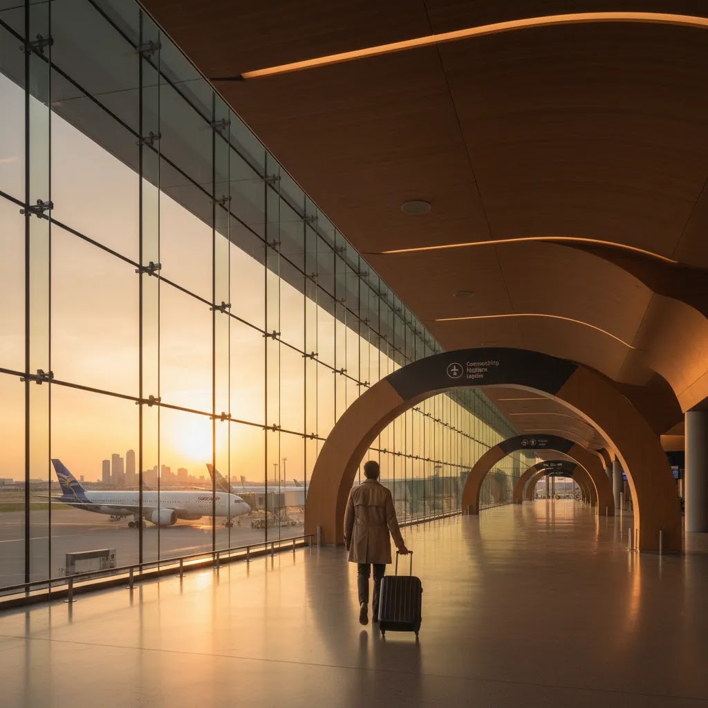 Business class flight to Lagos through a premium international transit hub with seamless long-haul connections