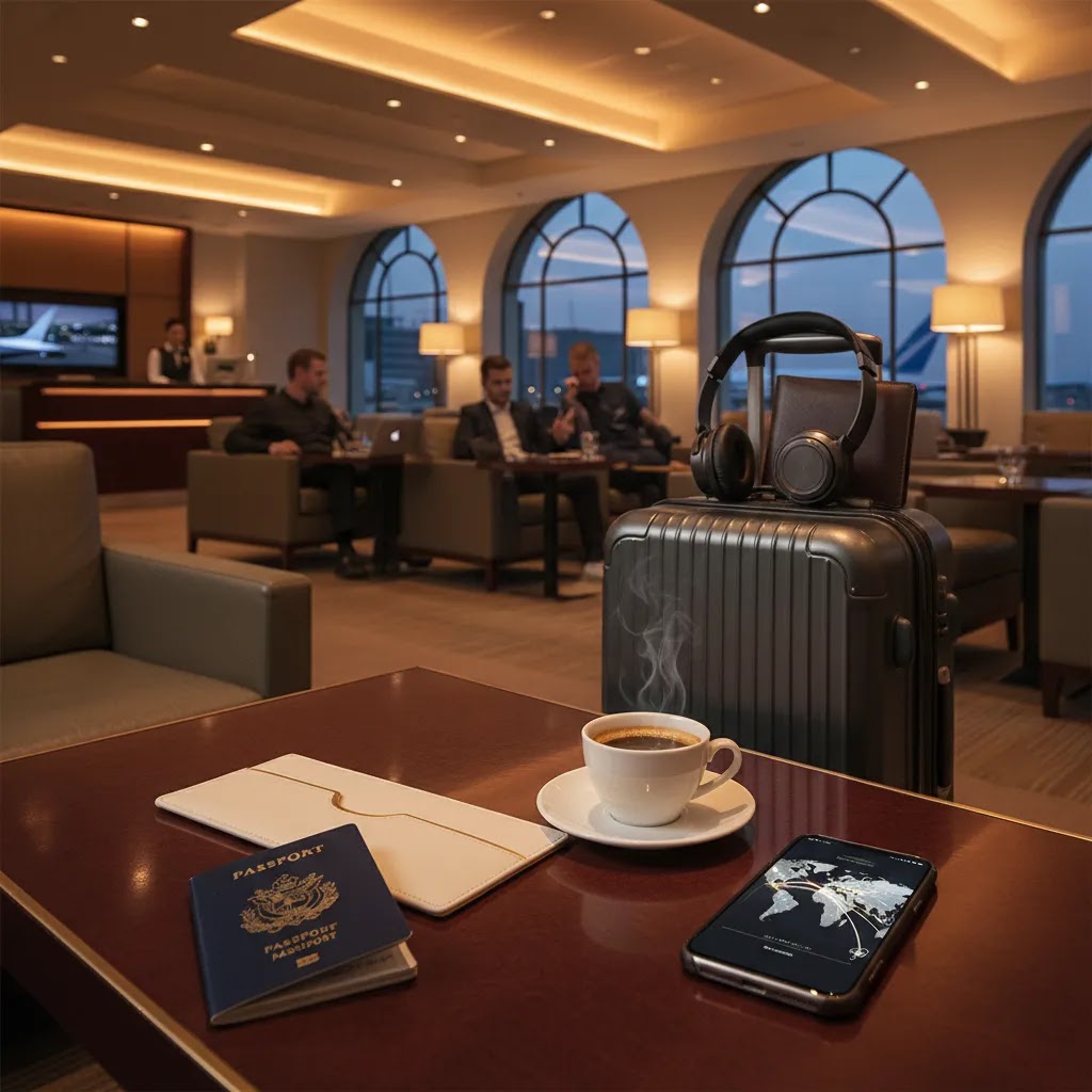 Business class flight to New Zealand price and planning concept in a premium airport lounge