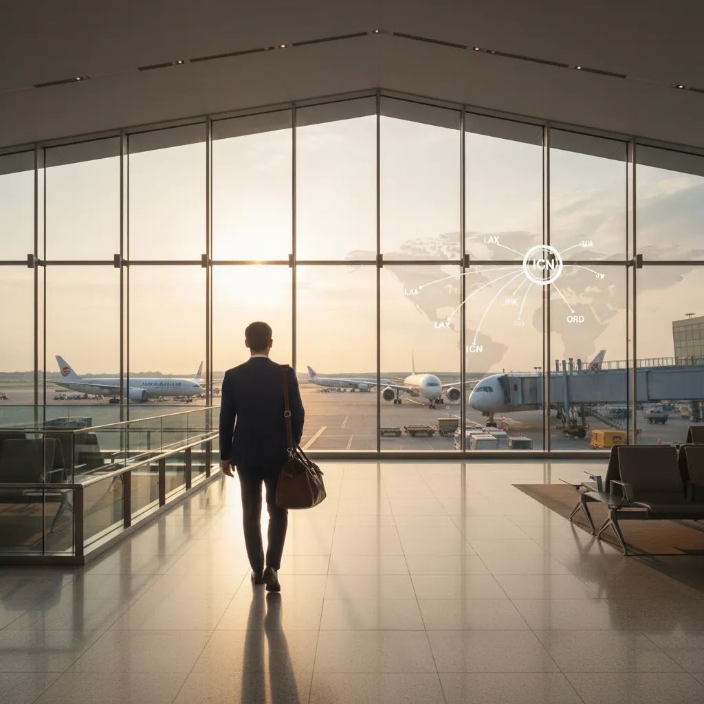 Business class flight to Seoul routing through major international gateway airport