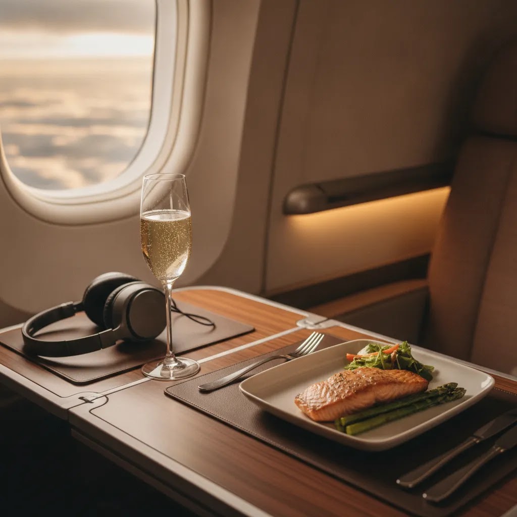 Business class flights from Atlanta premium cabin meal and tray table detail