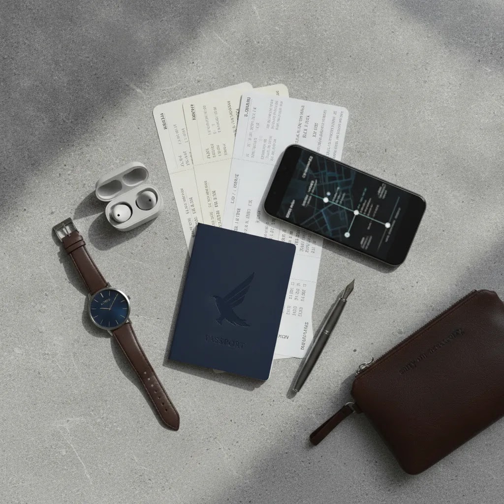 Business class flights from Atlanta travel planning flat lay for choosing premium routes