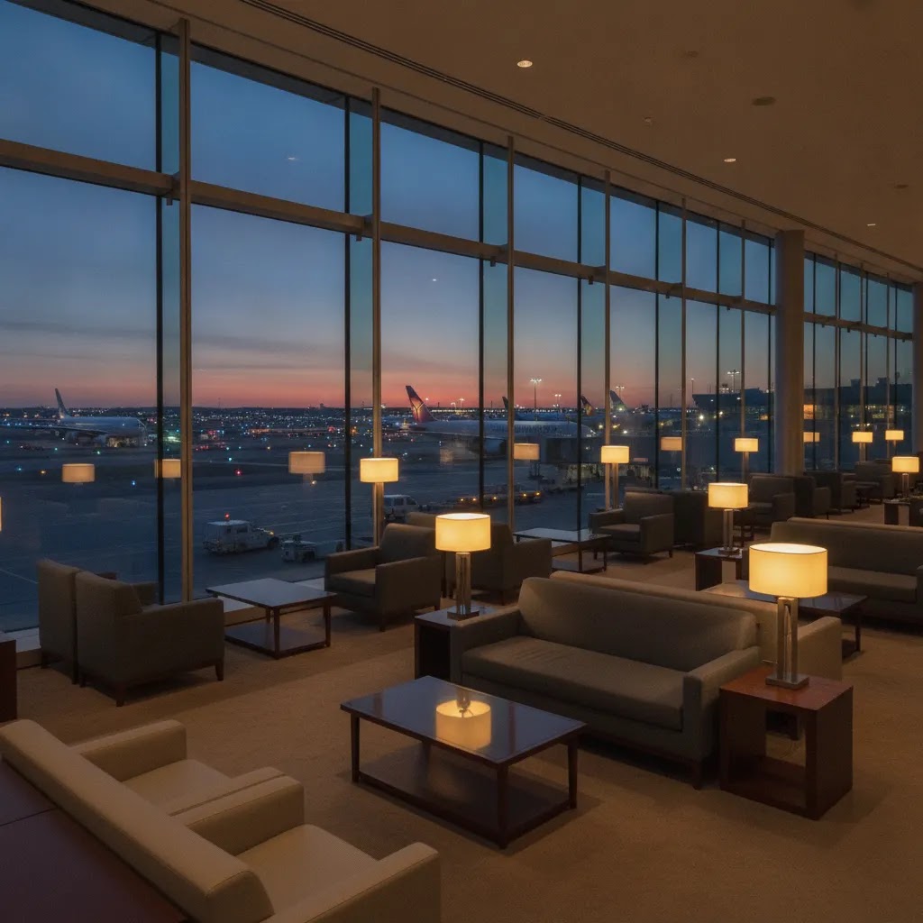 Business class flights from Atlanta lounge interior with runway view at an international airport