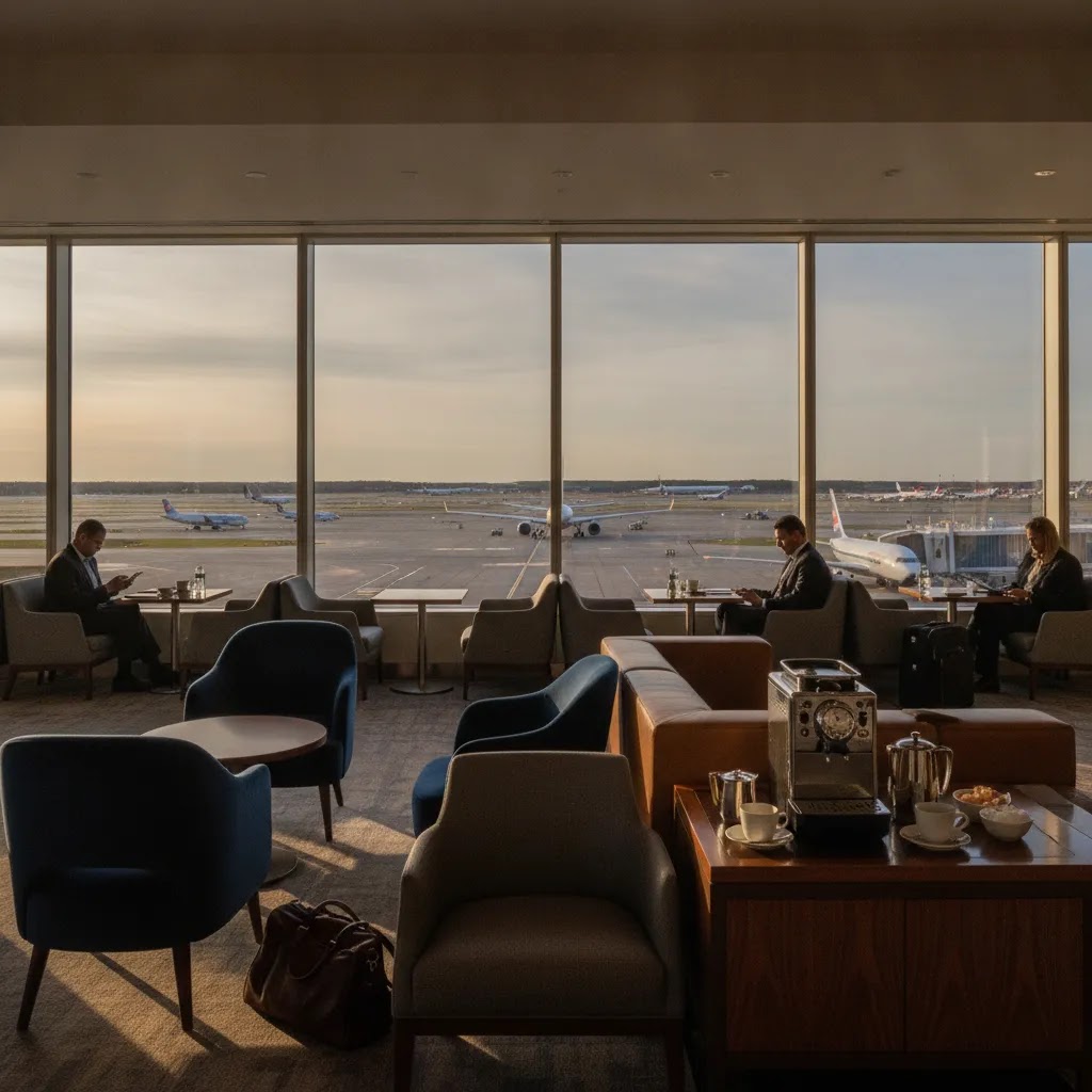 Business class flights from Boston airlines comparison image featuring a premium airport lounge ground experience