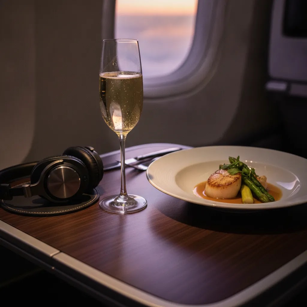 Best business class flights from Houston shown through premium long haul cabin dining detail