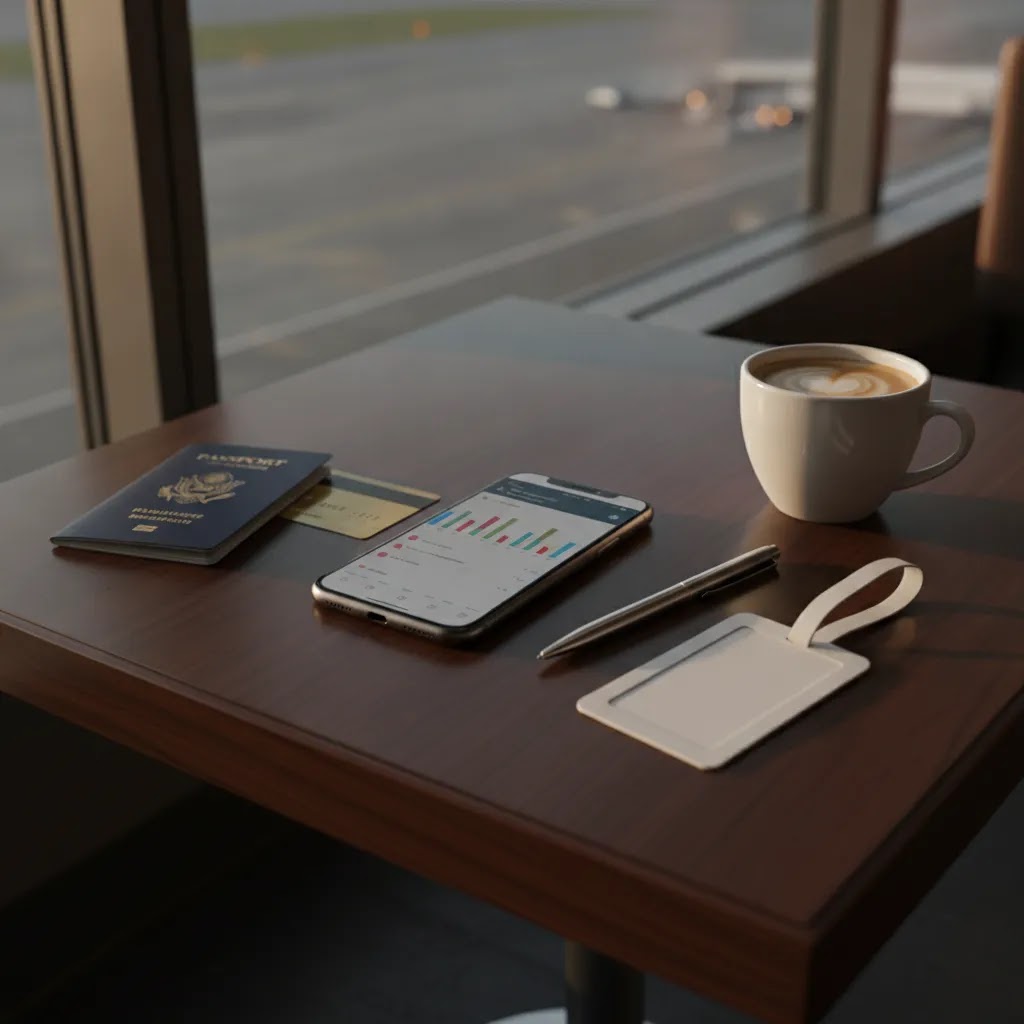Business class flights from Houston price and itinerary planning flat lay for premium travelers