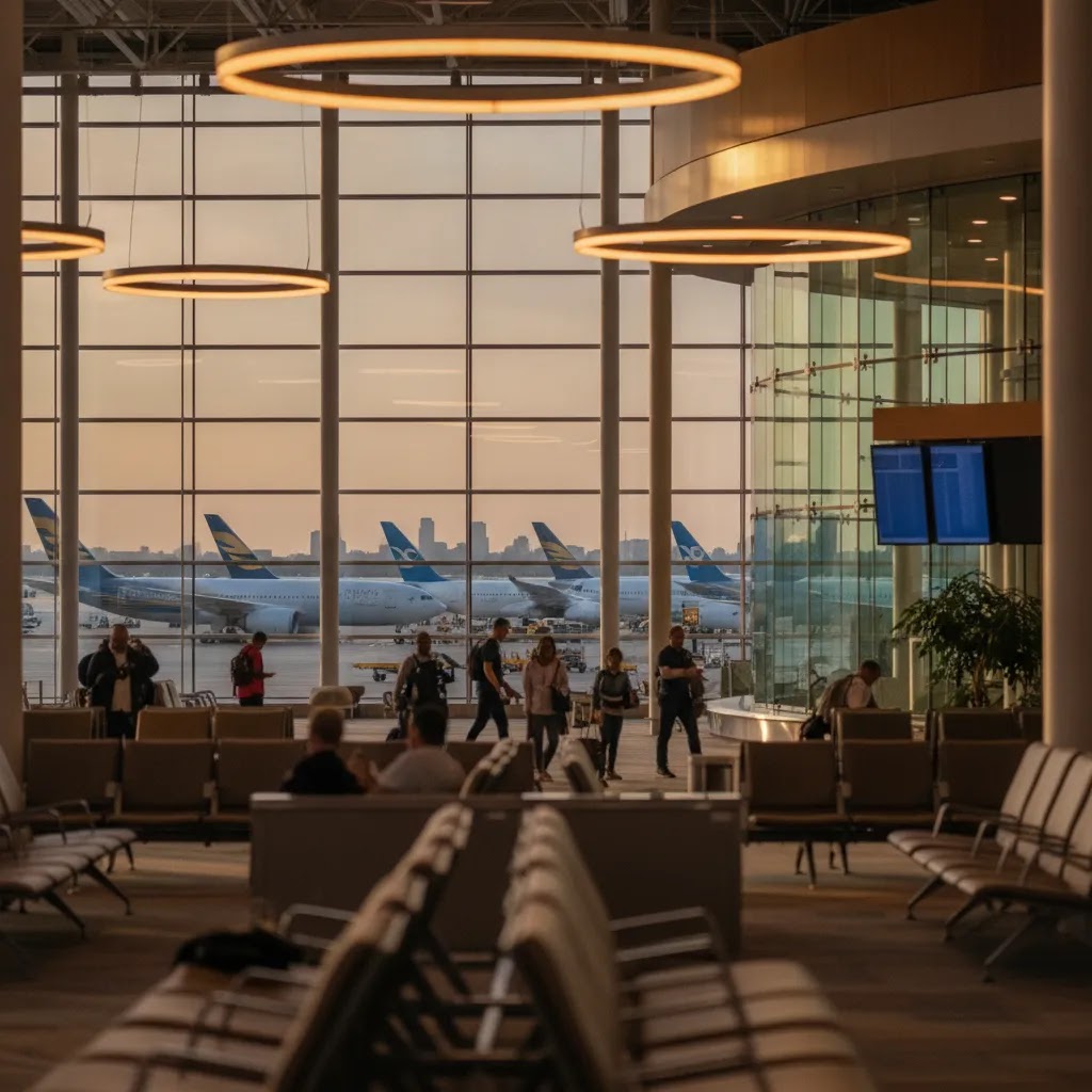 Business class flights from New York departure gate scene showing international airport atmosphere