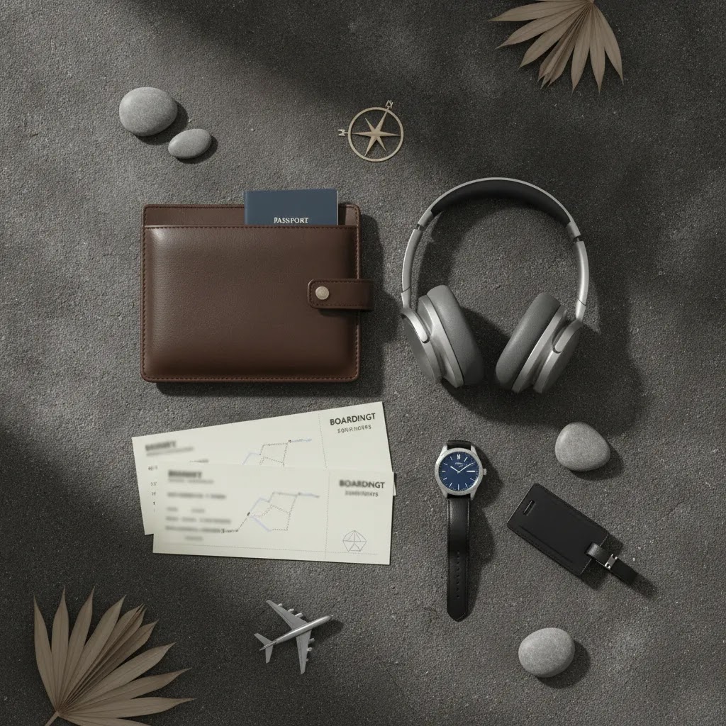 Business class flights from Miami planning essentials arranged in a premium travel flat lay