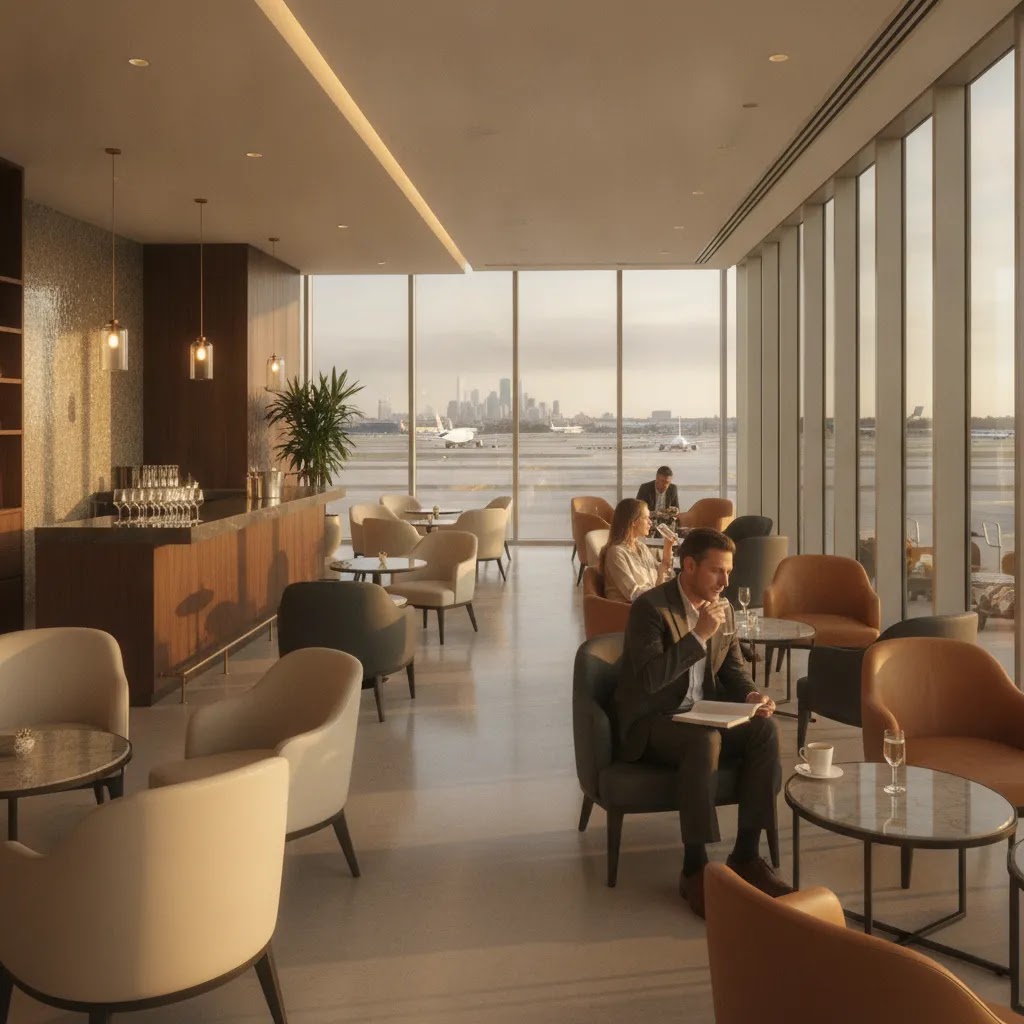 Business class flights from New York lounge interior with runway views and premium seating