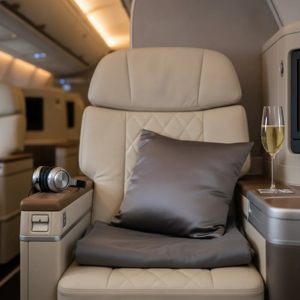 Business class flights from New York premium cabin detail with seat textures and onboard amenities