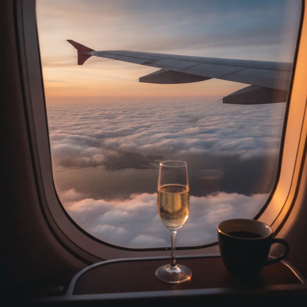 Business class flights from SFO with premium window seat view over the Pacific at golden hour