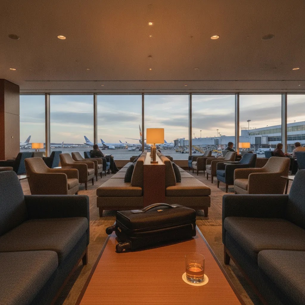 Business class flights from SFO lounge experience with premium airport seating and runway views