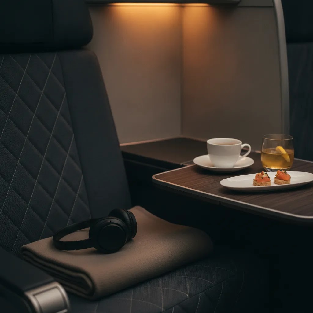 Business class flights from SFO premium seat detail with tray table service and luxury cabin textures