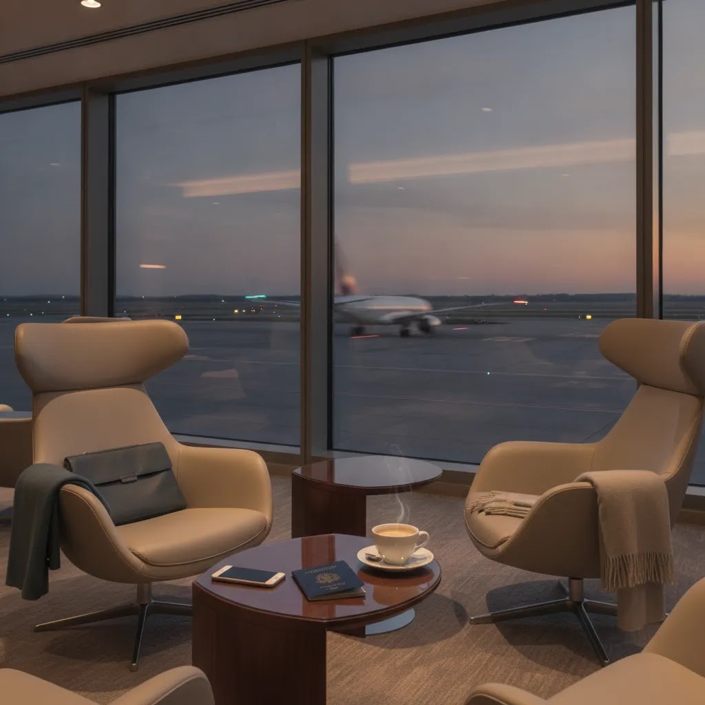 Business class flights from Washington DC airlines lounge scene with runway view and connection planning atmosphere