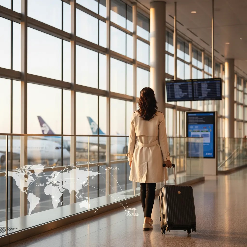Business class flights to Auckland and New Zealand shown through a premium international terminal scene