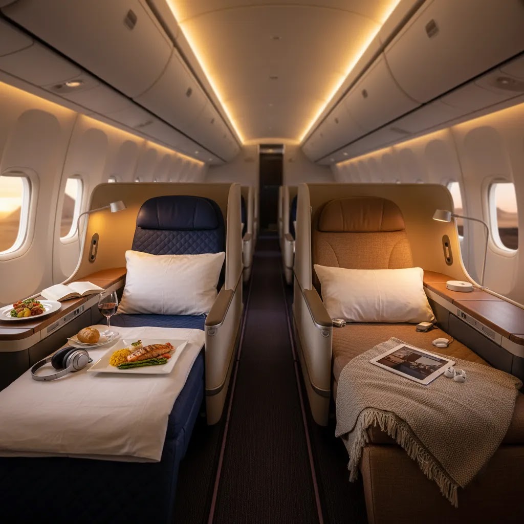Luxury long-haul cabin interior for business class flights to Cairo with lie-flat seating and premium comfort