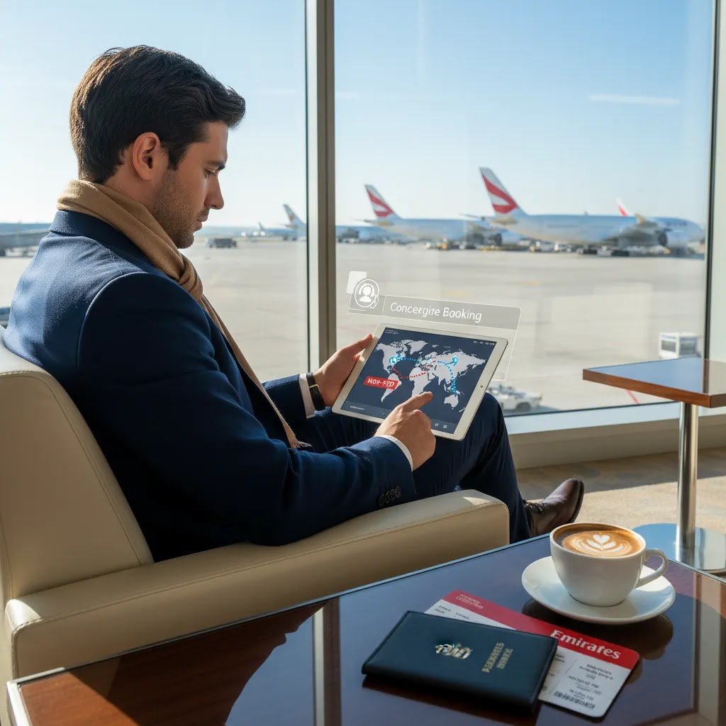 Business class flights to Dubai routing strategy shown in a premium airport lounge planning scene