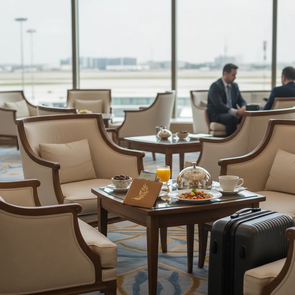 Premium airport lounge for business class flights to Israel with elegant seating and refined preflight atmosphere