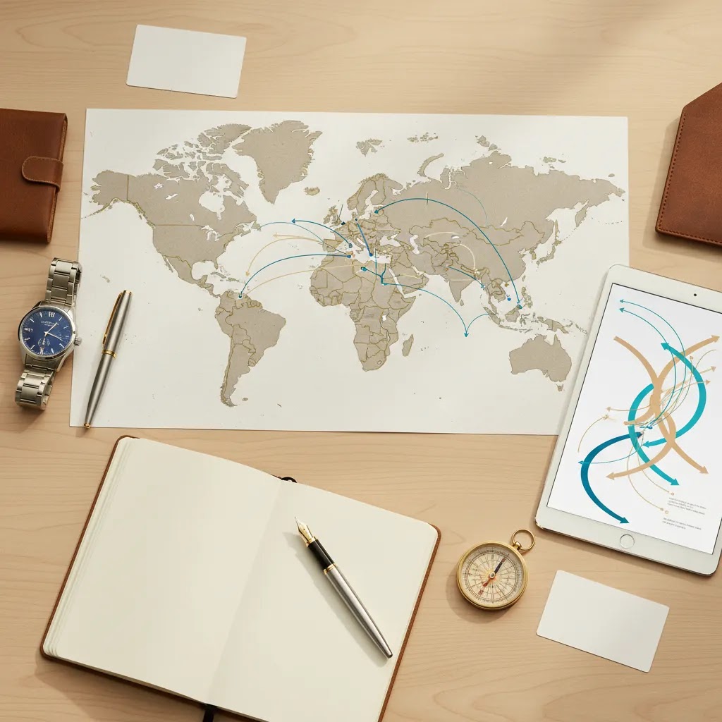 Business class flights to Maldives route planning with map, premium travel accessories, and connection strategy layout
