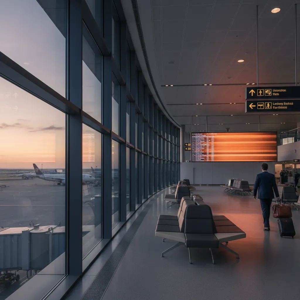 Business class flights to Middle East through major connection hubs shown in a premium international airport lounge setting