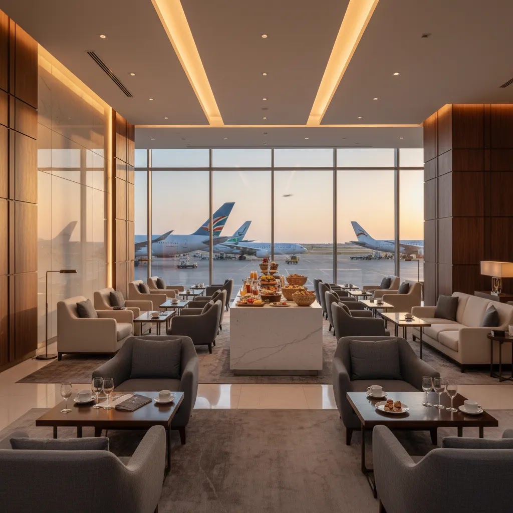 Business class flights to Nairobi lounge experience with luxury seating and premium transit ambiance