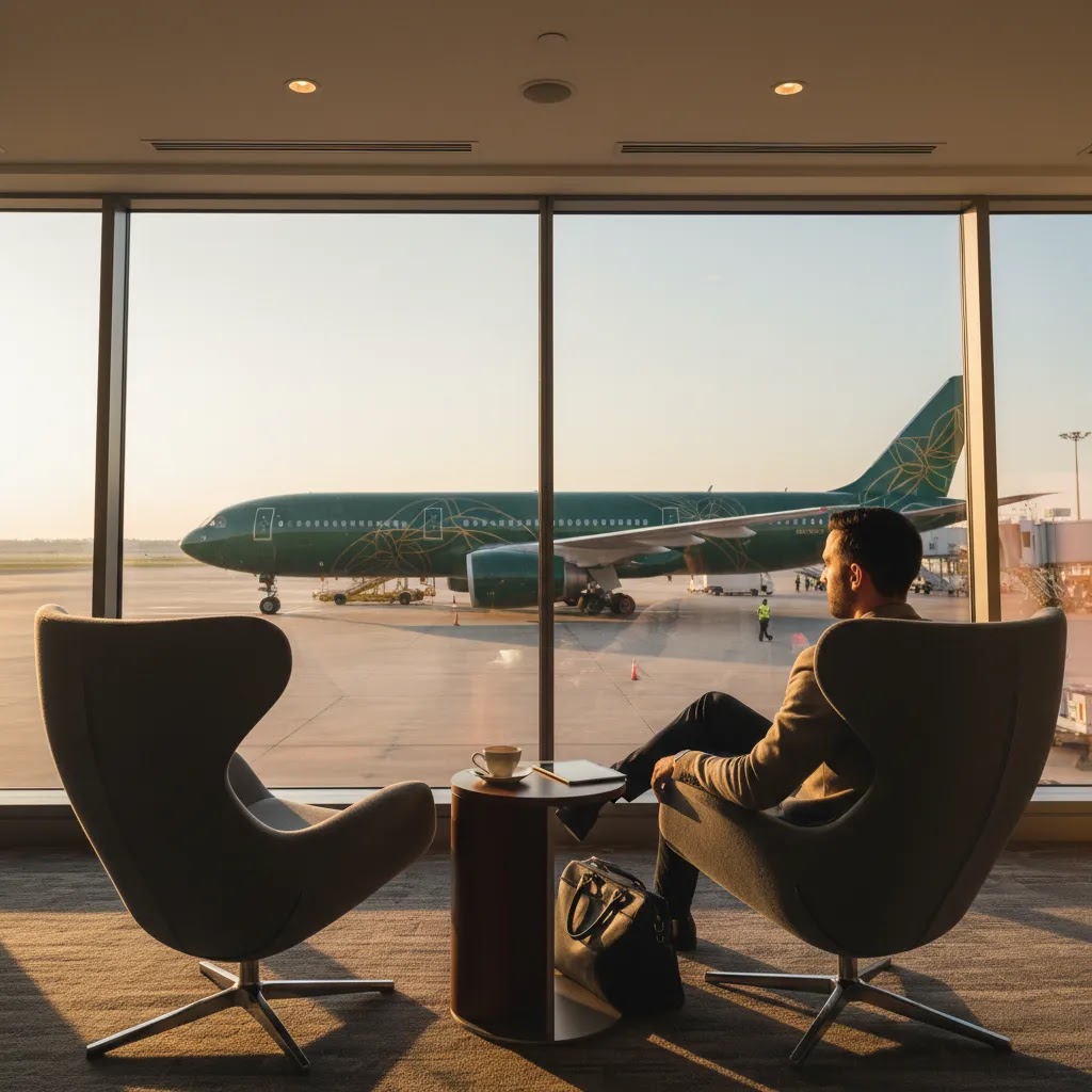 Airport lounge comfort before business class flights to Pakistan from the United States