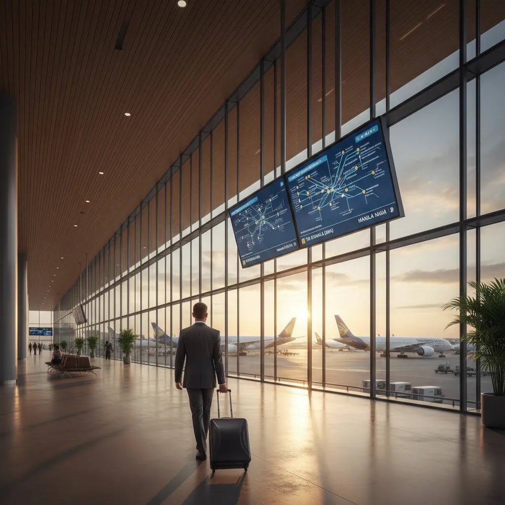 Business class flights to Philippines shown through a premium airport terminal and long-haul routing scene