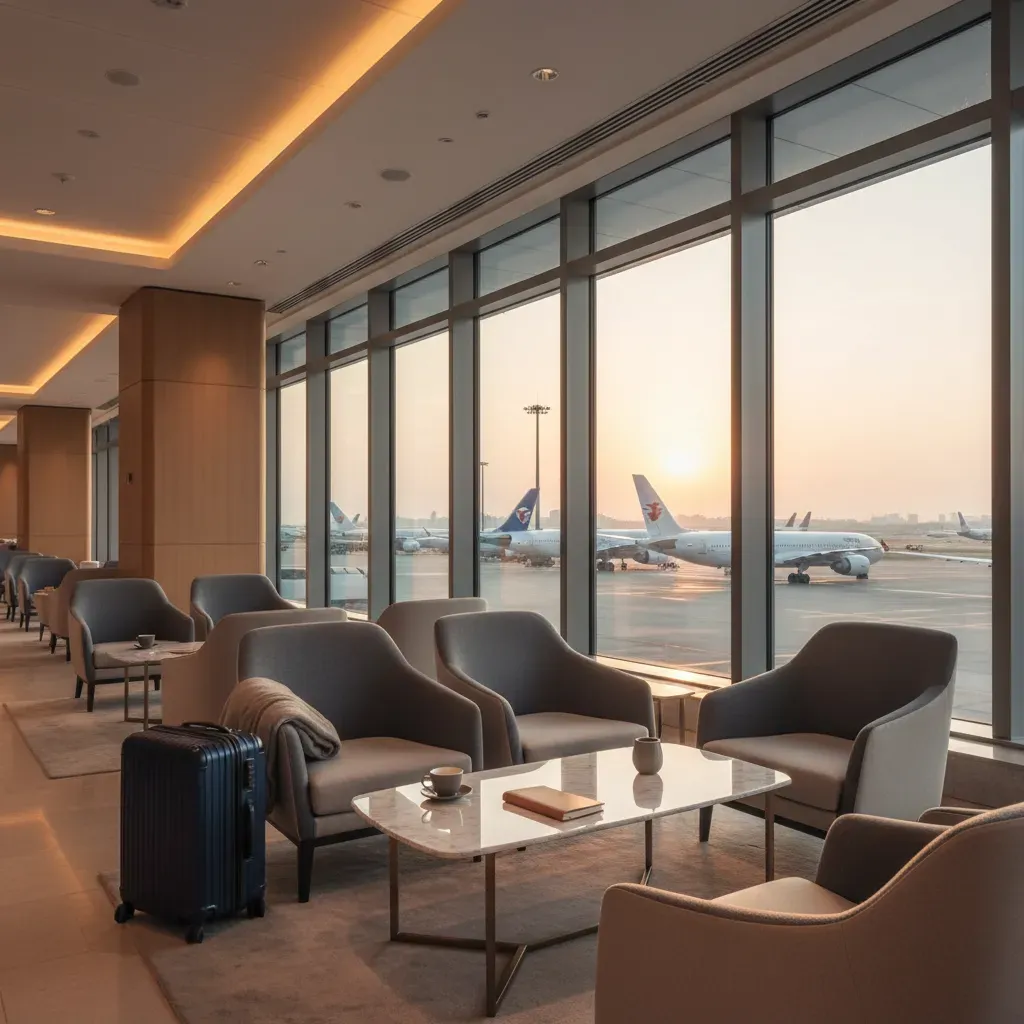 Business class flights to Shanghai shown through a premium airport lounge before departure