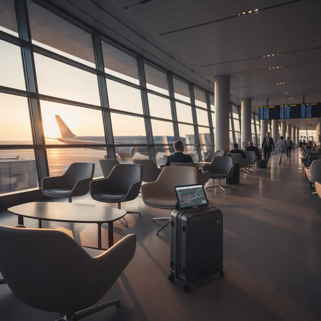 Business class flights to South America illustrated by a premium airport terminal and departure gate scene