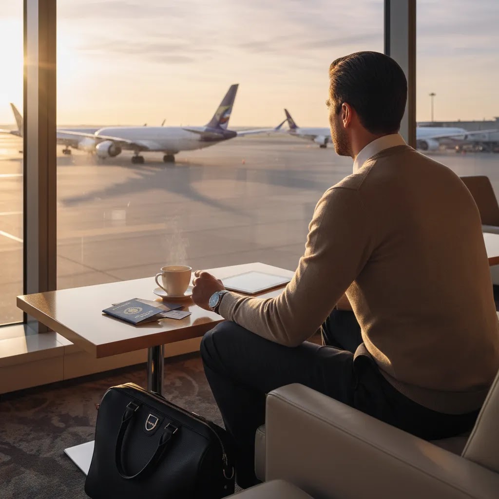 Business class flights to Tahiti planning scene with premium lounge and long-haul connection atmosphere