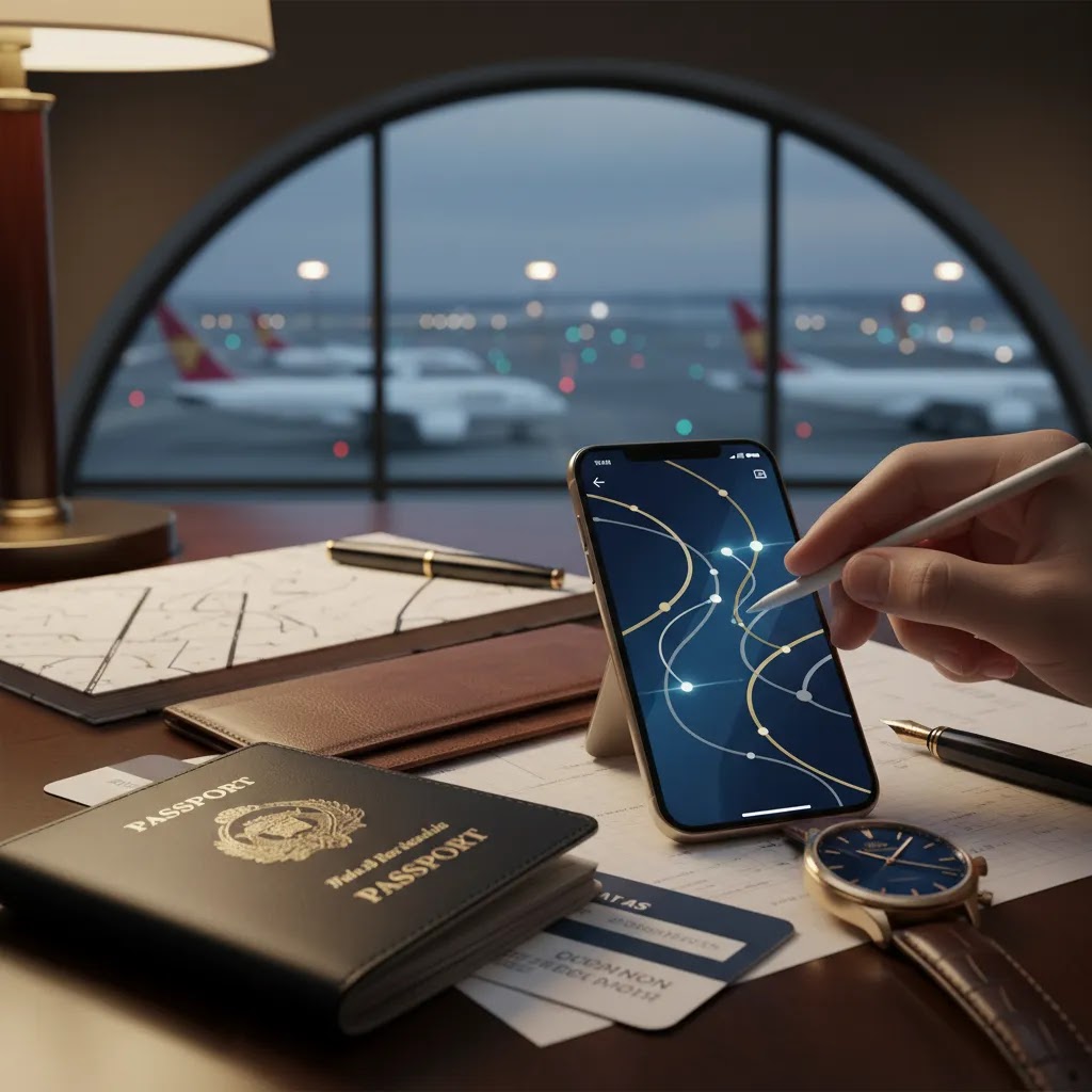 Travel planning setup for business class flights to Tel Aviv with premium itinerary and airport view
