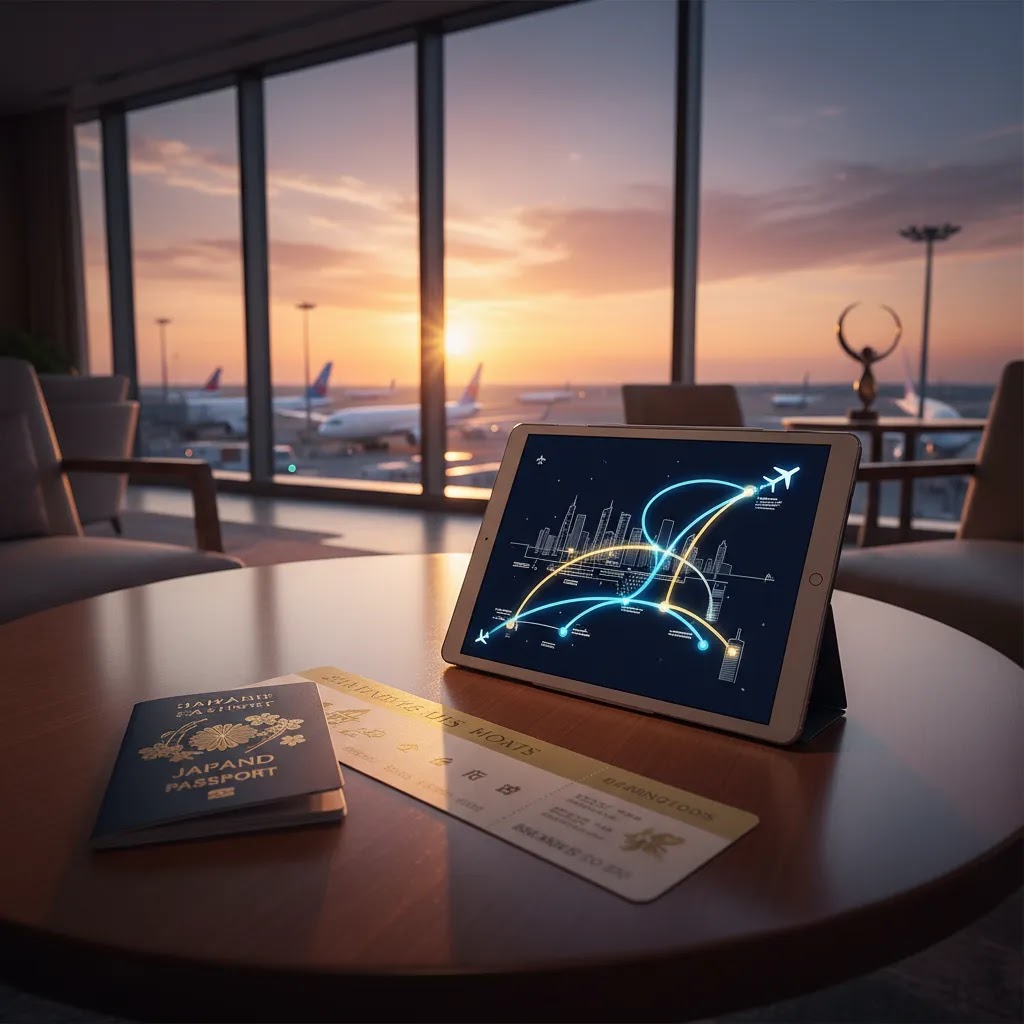 Business class flights to Tokyo route planning with premium lounge and connection strategy