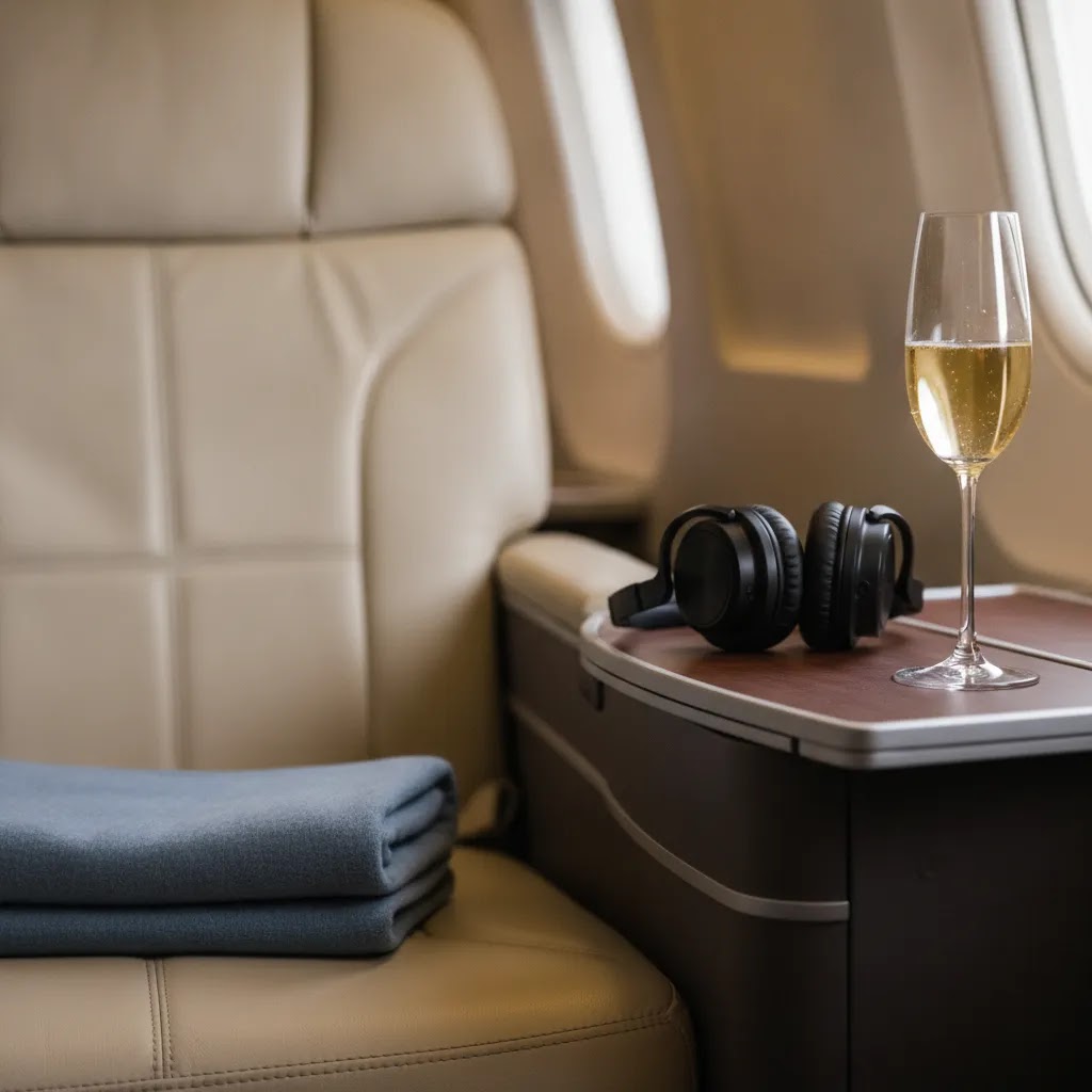 Business class tickets to Venice premium cabin detail with seat amenities and soft lighting