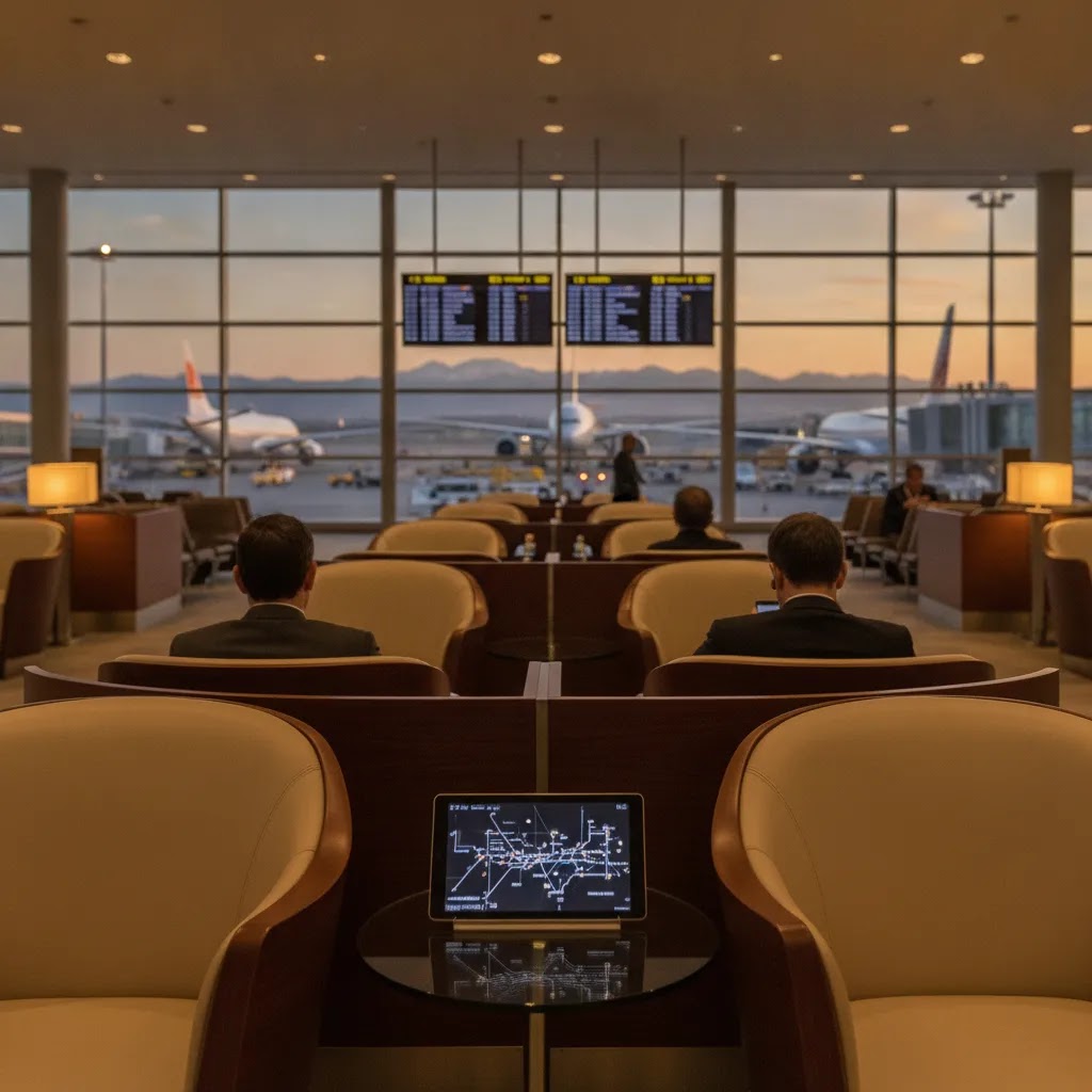 Business class tickets to Venice shown through a premium airport connection scene